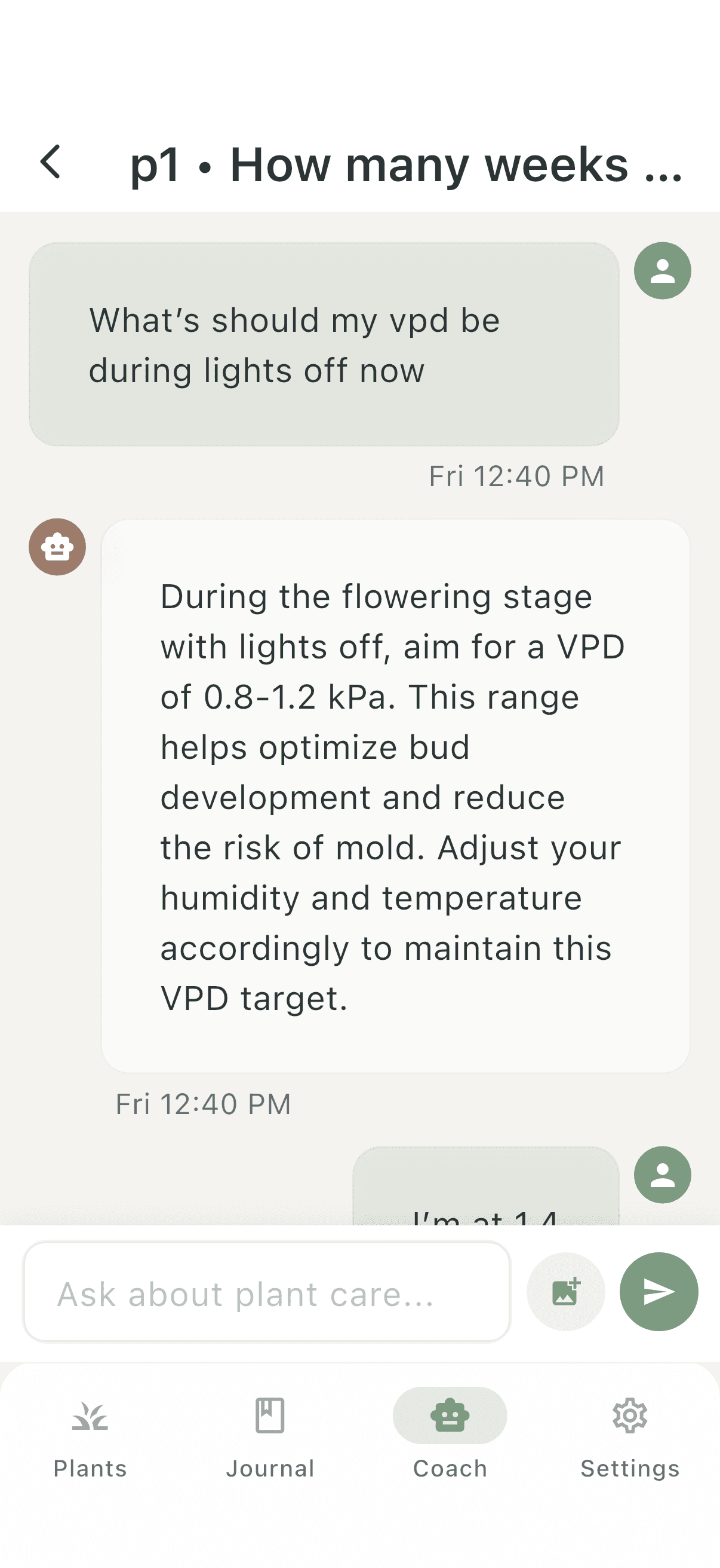 Verdant AI coach chat screen