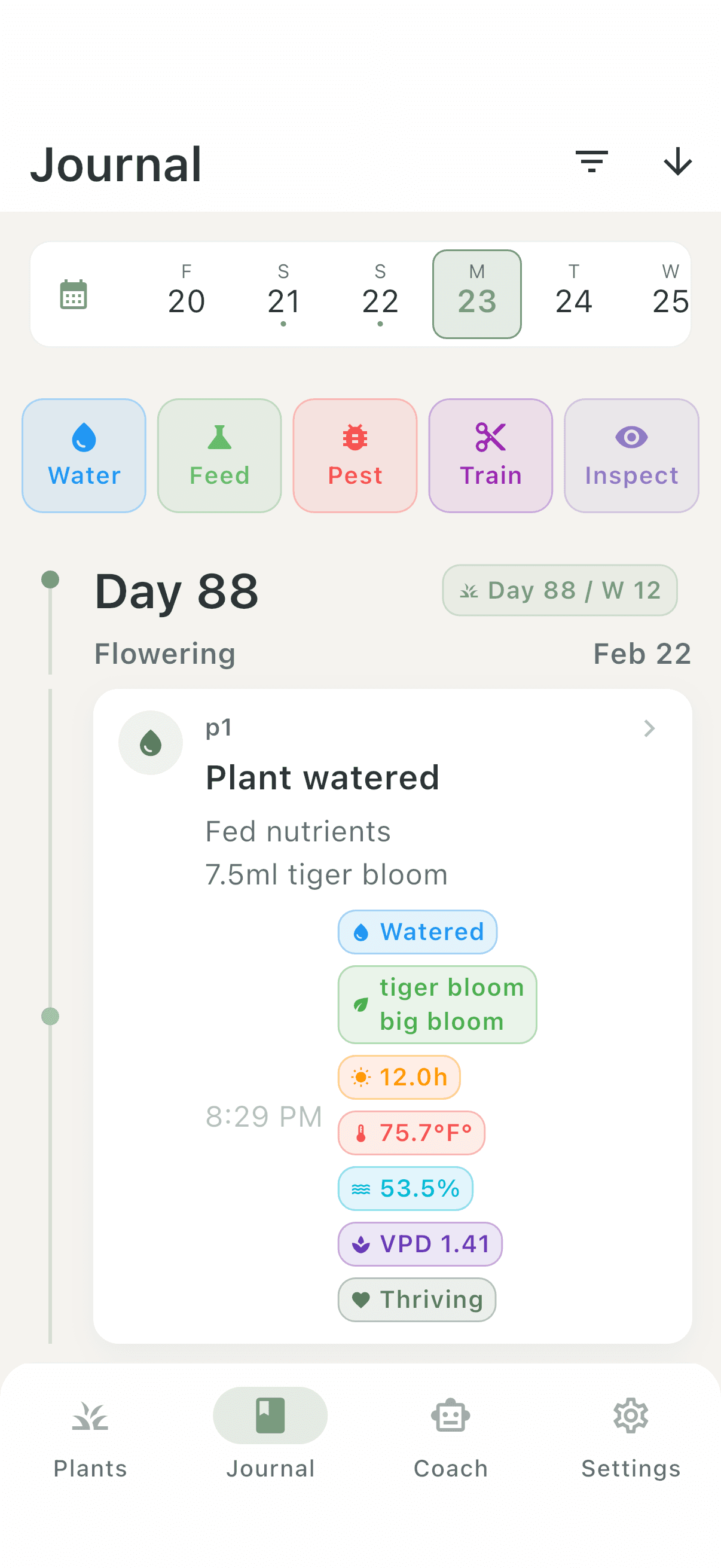 Verdant journal timeline showing watering and metrics