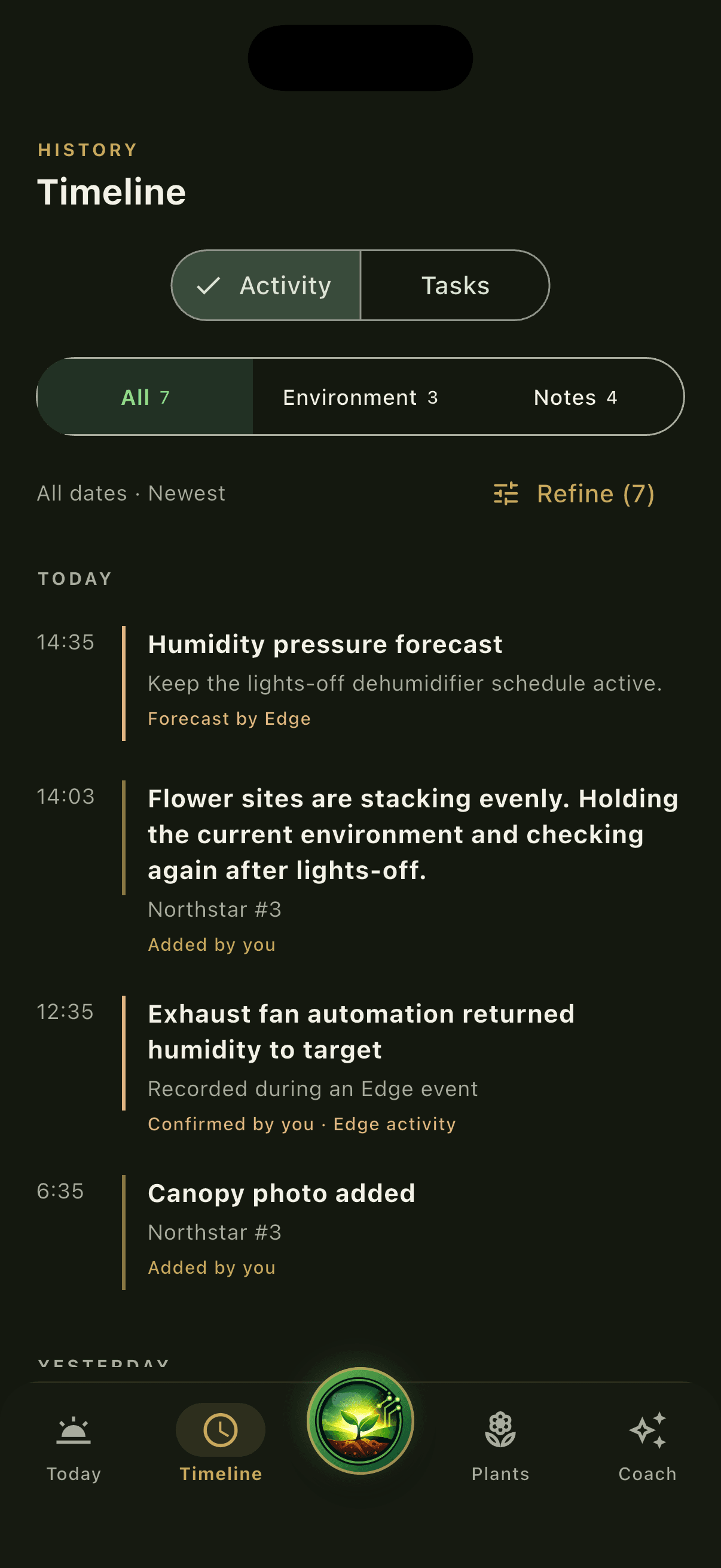 Verdant Pro timeline showing an Edge humidity forecast beside grower-authored events
