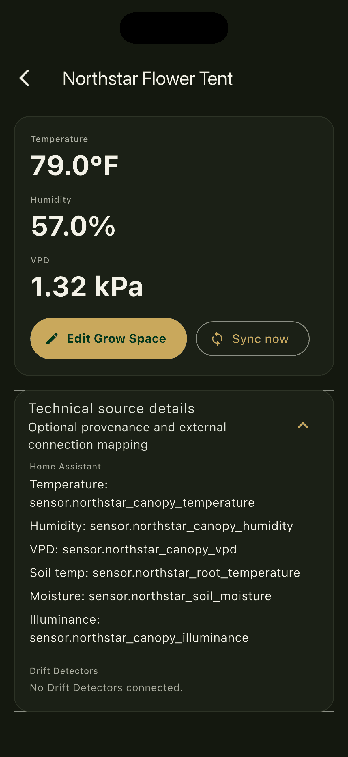 Verdant Home Assistant grow-space sensor mappings and live readings
